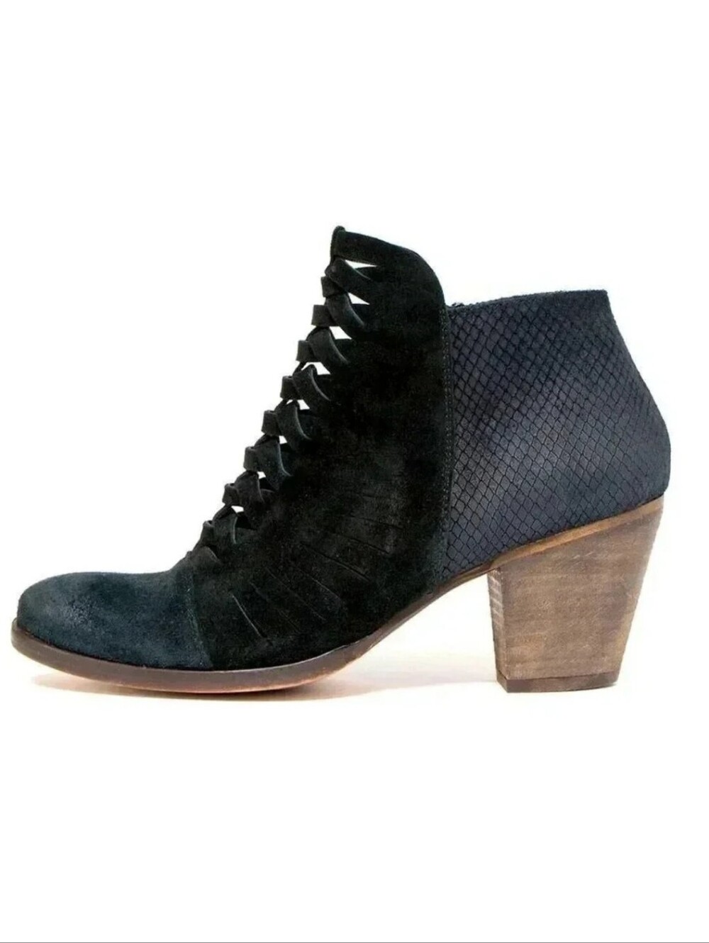 Free People Loveland Black Suede and Leather Stacked Heel Zip Up Bootie NWOB